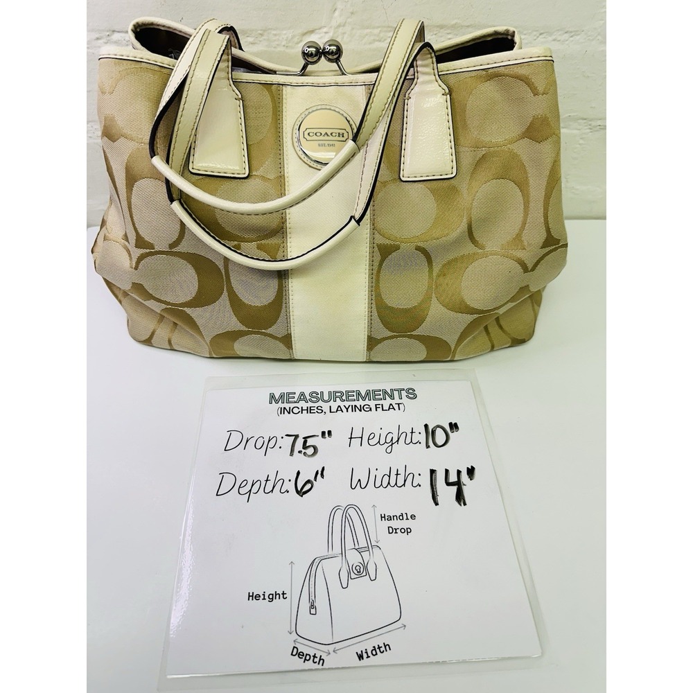 Coach Beige Signature Canvas and Patent Leather Kisslock Framed Carryall Tote - Picture 13 of 16